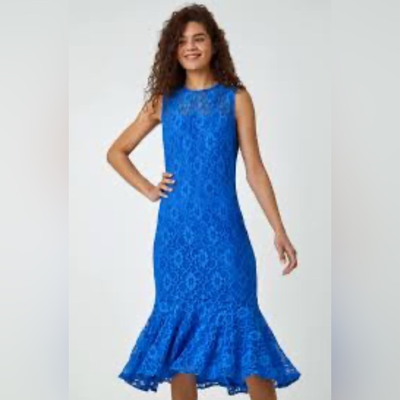 Candalite Royal Blue Lace Dress XL Formal Hi Low Maxi Sparkle All Over High Neck - Picture 9 of 16